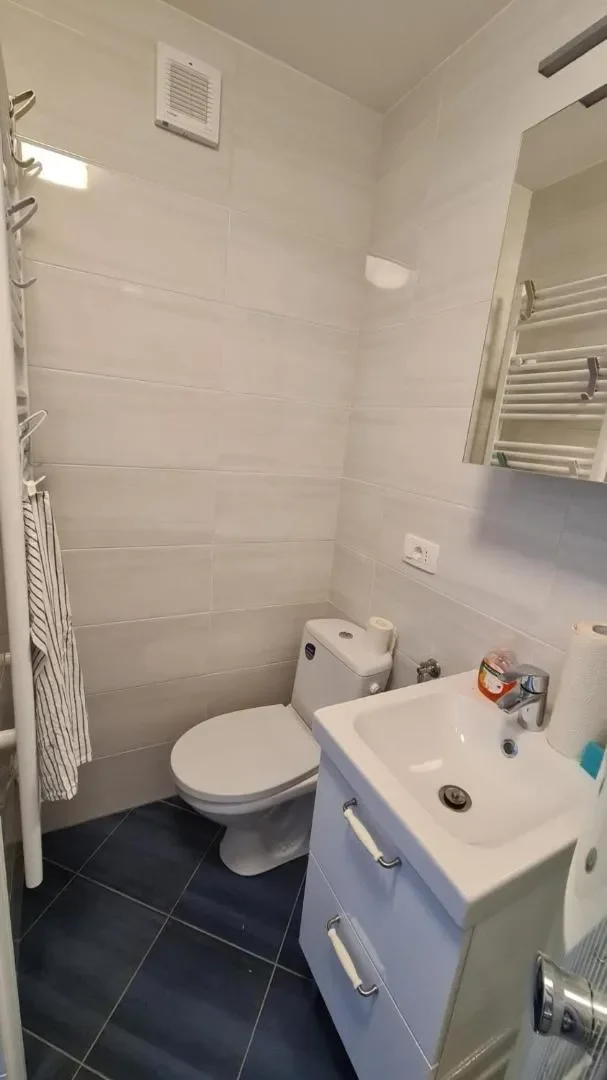 Portrait view of the bathroom with a glass shower, toilet, sink and mirror.