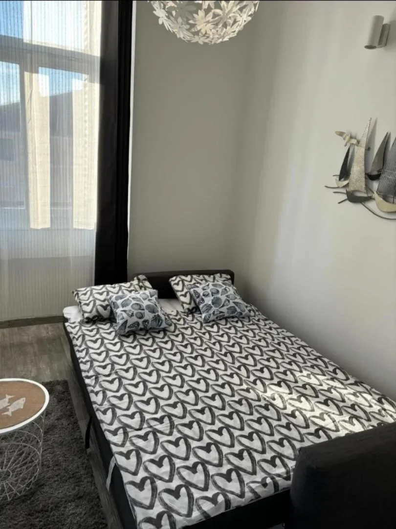 The living-room sofa opened into a bed with patterned bedding beside the window.