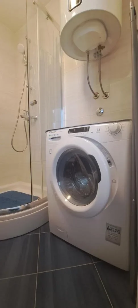 Front-loading washing machine beside the shower in the apartment bathroom.